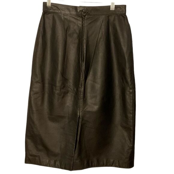 VTG C. Marie Leathers Black Leather Pleated Midi Skirt Size 10 - Picture 3 of 13